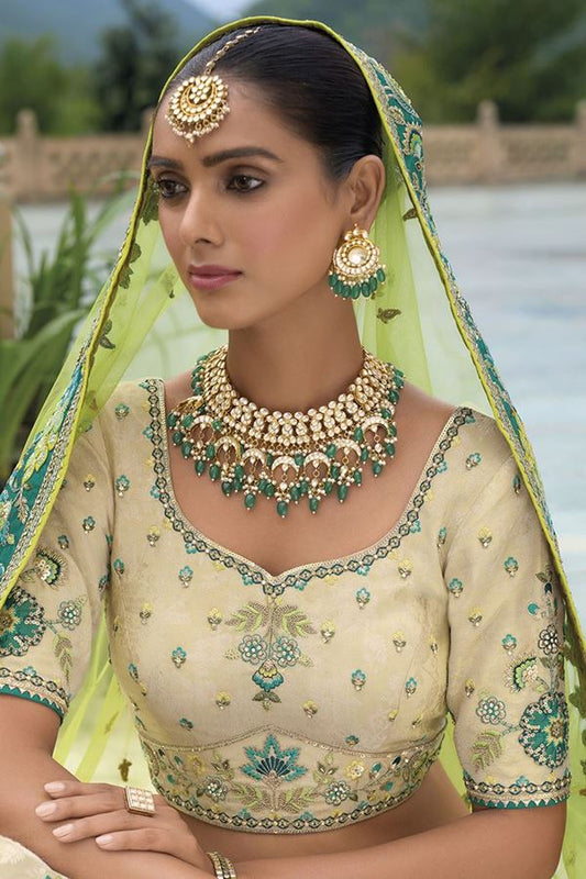 Cream Heavy Silk With Khatli Embroidered Wedding Wear Lehenga Choli