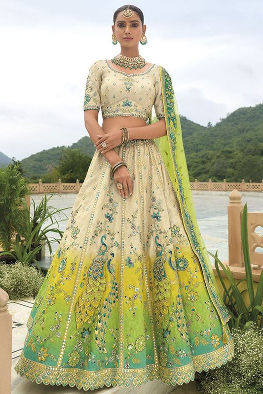 Cream Heavy Silk With Khatli Embroidered Wedding Wear Lehenga Choli