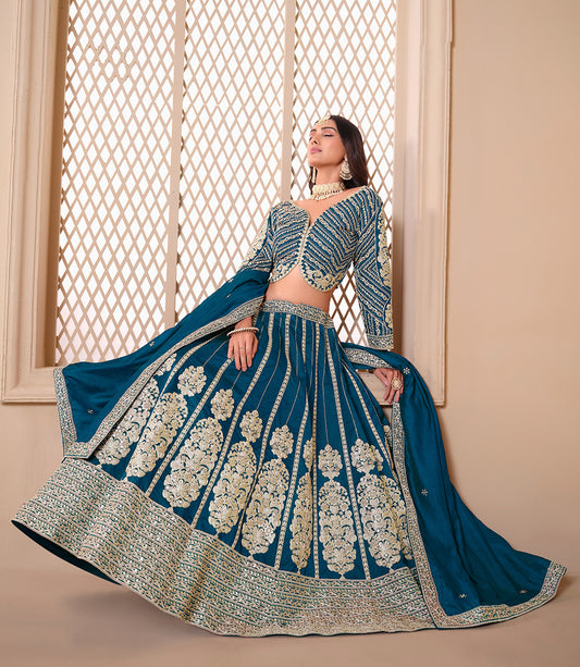 Teal Shimmar Art Silk Embroidered Unique Lehenga Choli