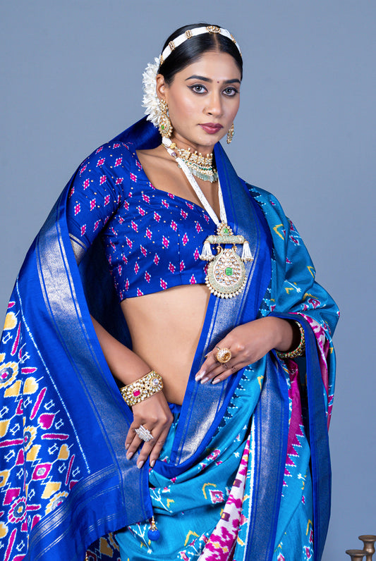 Blue Silk Blend Patola Print Saree