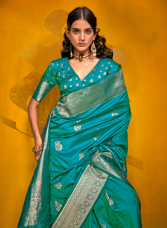 Cyan Classic Banarasi Silk Saree With Zari Motifs