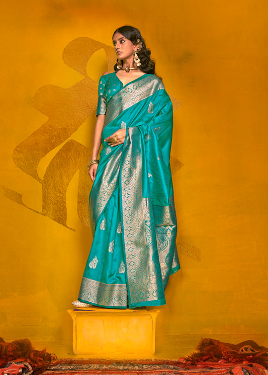 Cyan Classic Banarasi Silk Saree With Zari Motifs