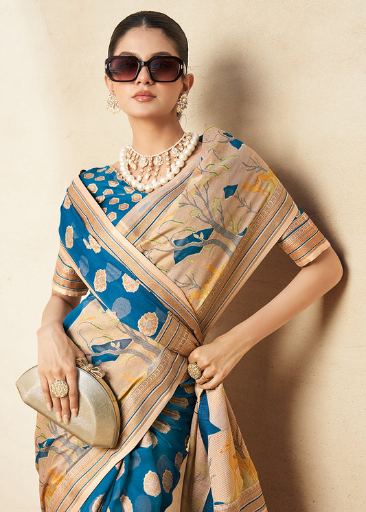 Blue Georgette Weaving Zari Printed Saree