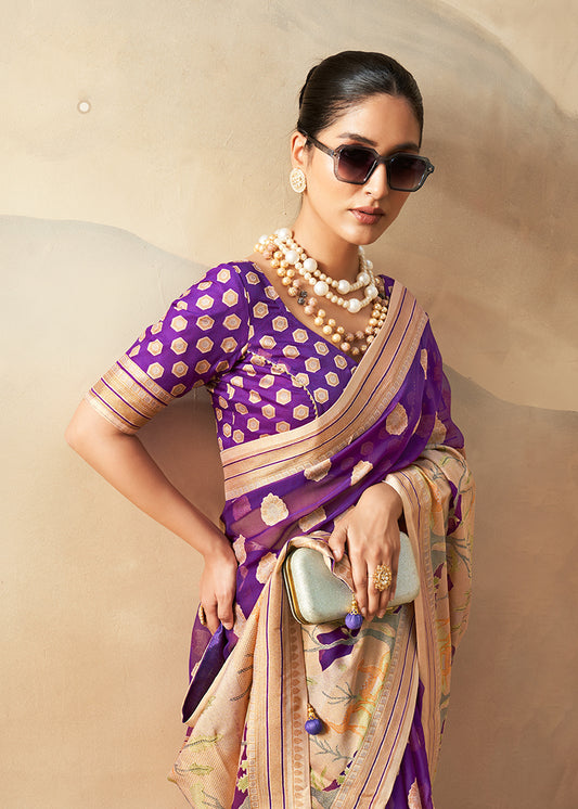Violet Georgette Weaving Zari Printed Saree