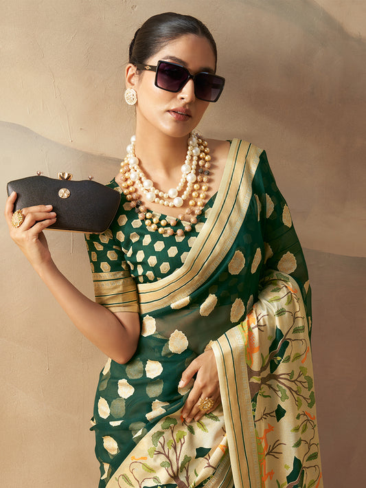 Dark Green Georgette Weaving Zari Printed Saree