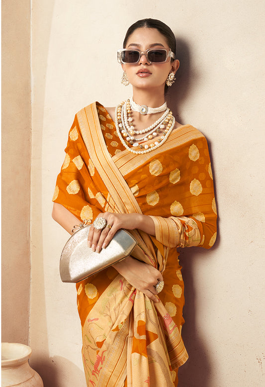 Orange Georgette Weaving Zari Printed Saree