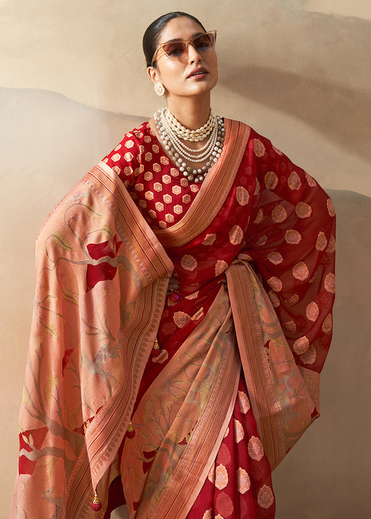 Red Georgette Weaving Zari Printed Saree