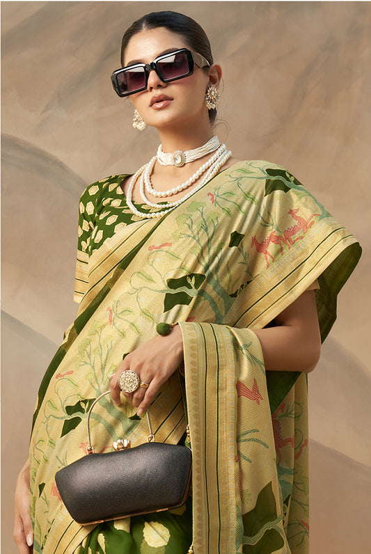 Green Georgette Weaving Zari Printed Saree
