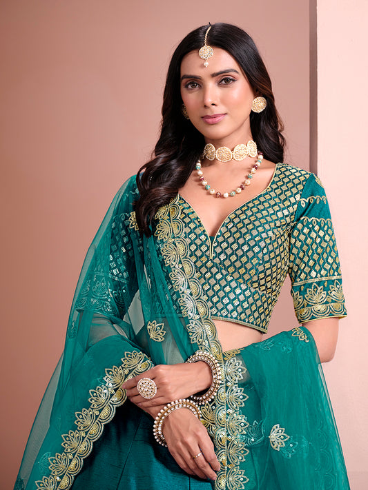 Teal Art Silk Embroidered Trendy A Line Lehenga Choli