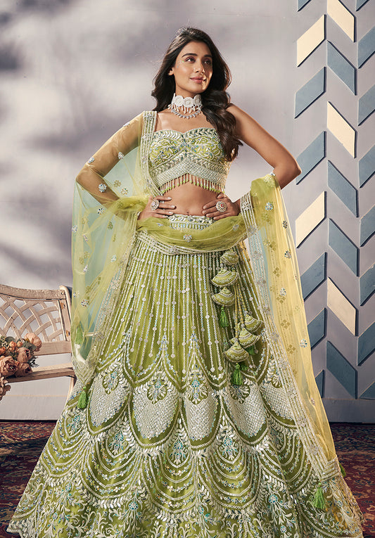 Light Green Net Thread Zari Work Readymade Lehenga Choli