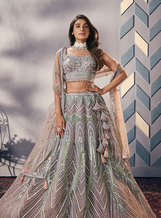 Sage Green & Mauve Net Sequins, Zari & Resham Work Readymade Lehenga Choli