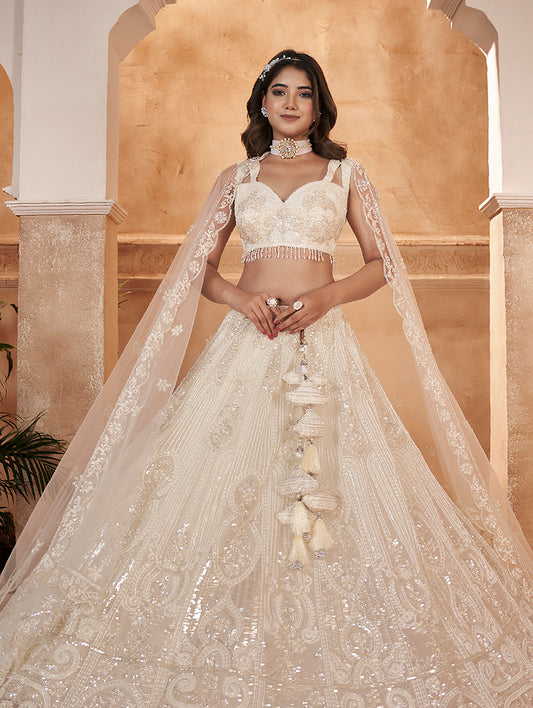 White Net Embroidered Readymade Lehenga Choli & Dupatta