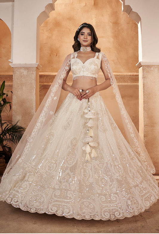 White Net Embroidered Readymade Lehenga Choli & Dupatta