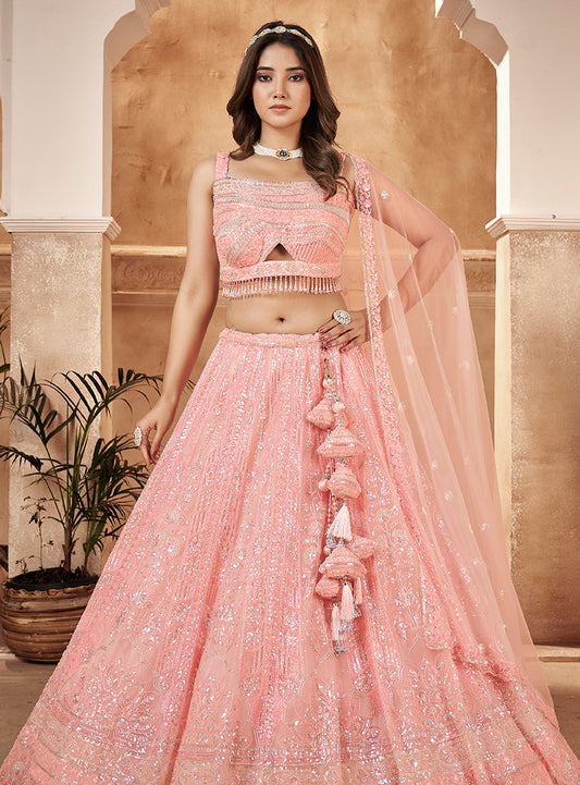 Light Pink Net Embroidered Readymade Lehenga Choli & Dupatta