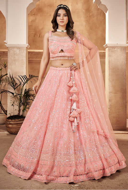 Light Pink Net Embroidered Readymade Lehenga Choli & Dupatta