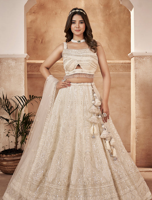 Cream Net Embroidered Readymade Lehenga Choli & Dupatta