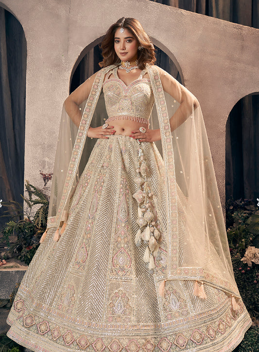 Cream Net Gotapatti & Hand Work Embroidery Readymade Lehenga Choli With Dupatta