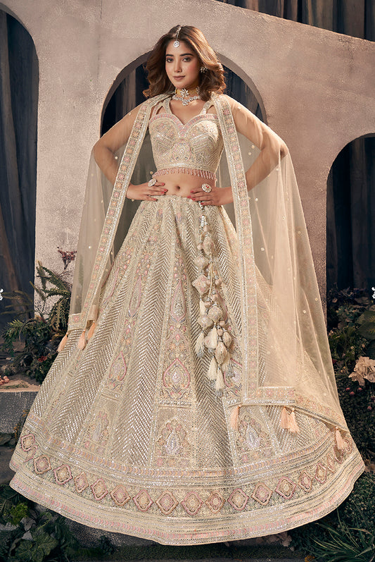 Cream Net Gotapatti & Hand Work Embroidery Readymade Lehenga Choli With Dupatta