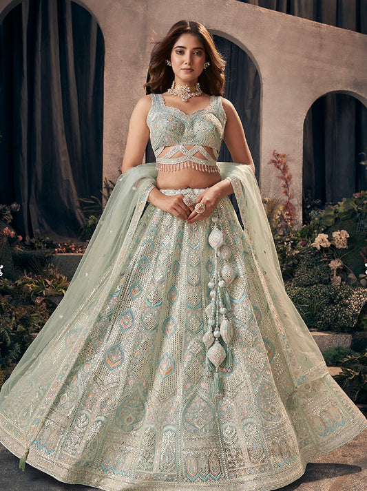 Pista Green Net Gotapatti & Hand Work Embroidery Readymade Lehenga Choli With Dupatta