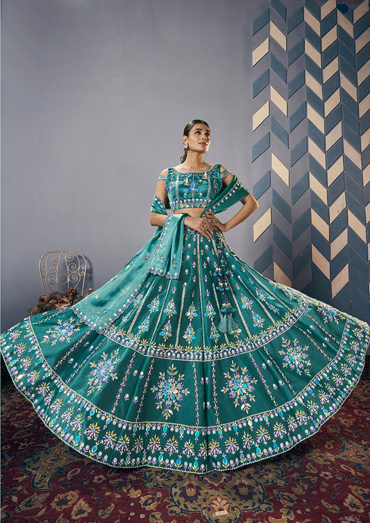 Teal Jimmy Choo Embroidery Readymade Lehenga Choli With Dupatta