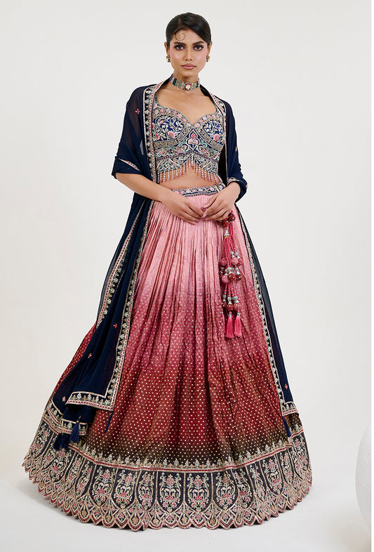 Crimson and Pink Jacquard Embroidered Readymade Lehenga Choli
