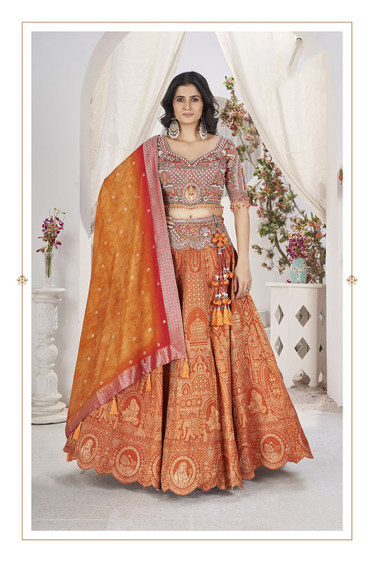 Orange Jacquard Embroidered Readymade Lehenga Choli