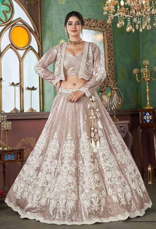 Light Brown Net Embroidered Lehenga Choli With Net Jacket
