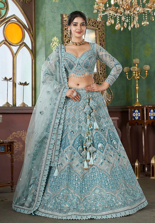 Sky Blue Net Embroidered Readymade Lehenga Choli