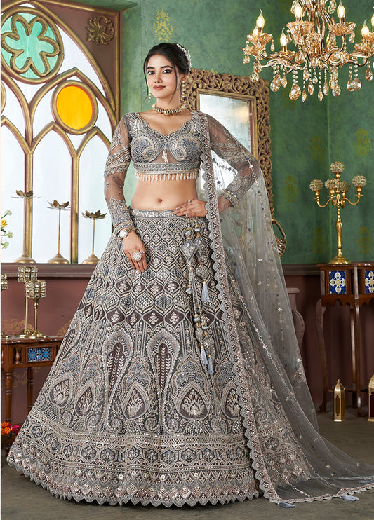 Grey Net Embroidered Readymade Lehenga Choli
