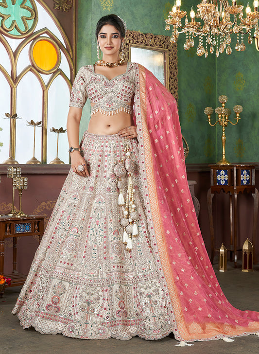 Off White Tussar Silk Embroidered Readymade Lehenga Choli