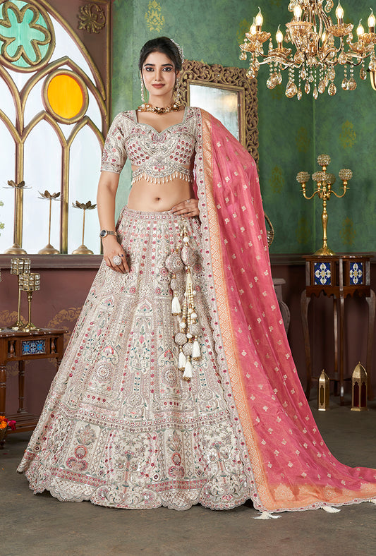 Off White Tussar Silk Embroidered Readymade Lehenga Choli