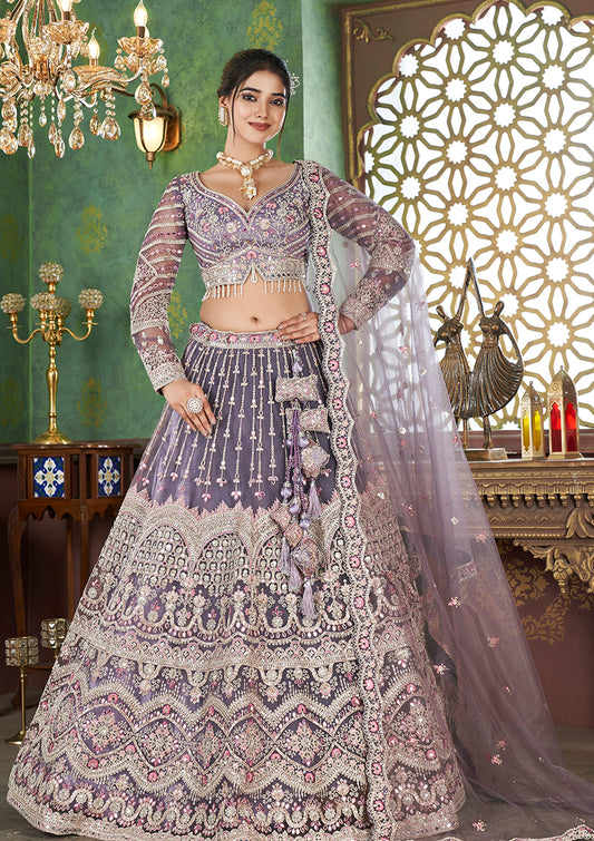 Purple Net Embroidered Readymade Lehenga Choli