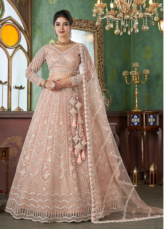 Peach Net Embroidered Readymade Lehenga Choli