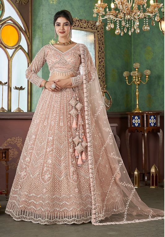 Peach Net Embroidered Readymade Lehenga Choli