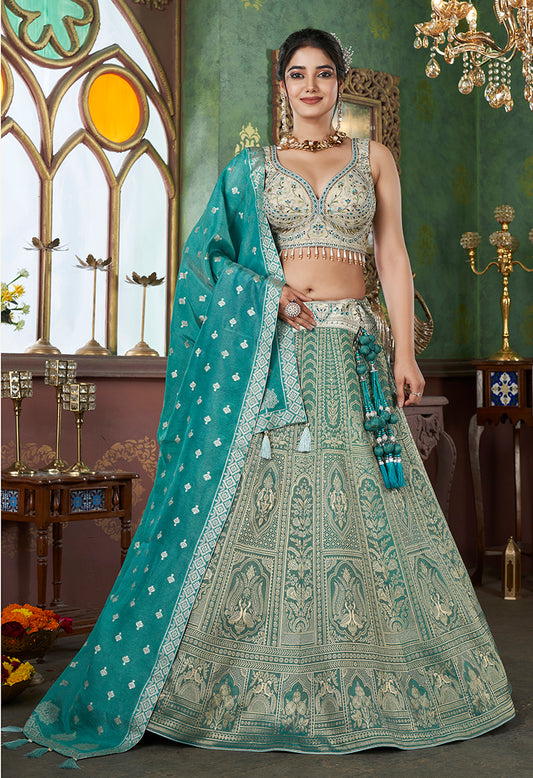 Turquoise Jacquard Zari Woven Wedding Lehenga Choli