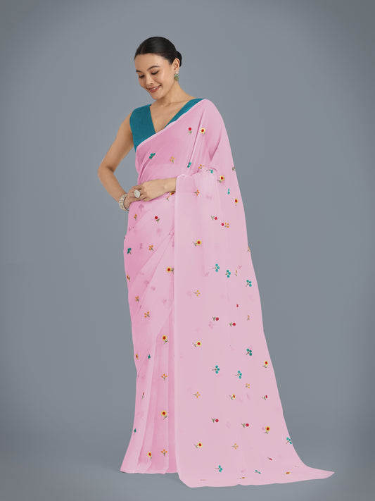 Baby Pink Georgette Embroidered Work Causal Saree