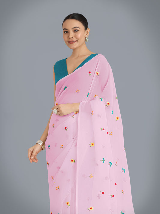 Baby Pink Georgette Embroidered Work Causal Saree
