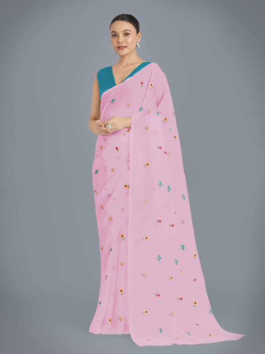 Baby Pink Georgette Embroidered Work Causal Saree