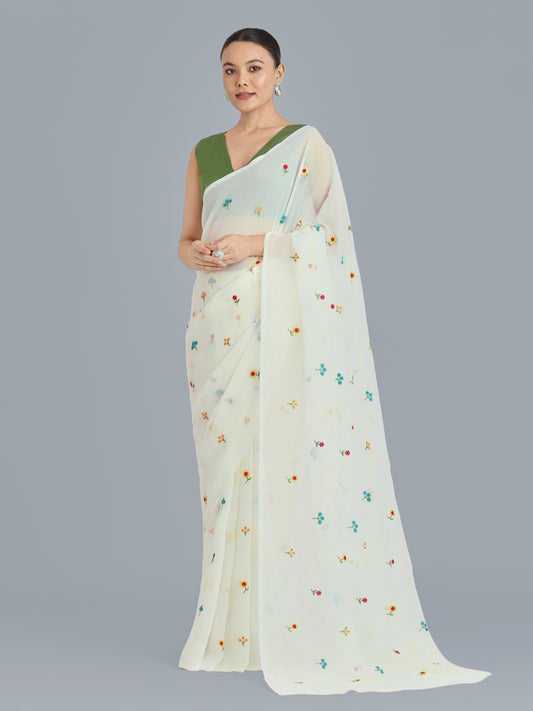 White Georgette Embroidered Work Causal Saree