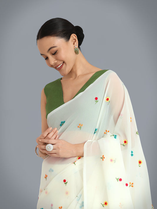 White Georgette Embroidered Work Causal Saree