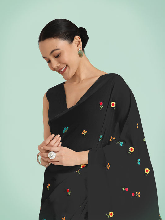Black Georgette Embroidered Work Causal Saree