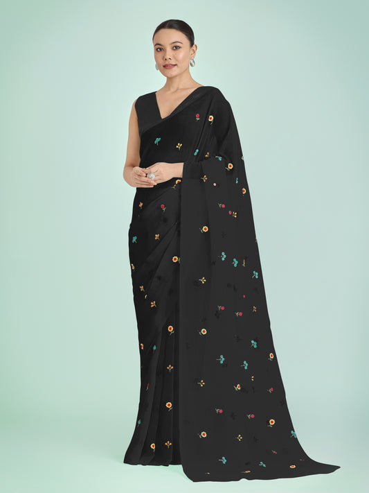 Black Georgette Embroidered Work Causal Saree