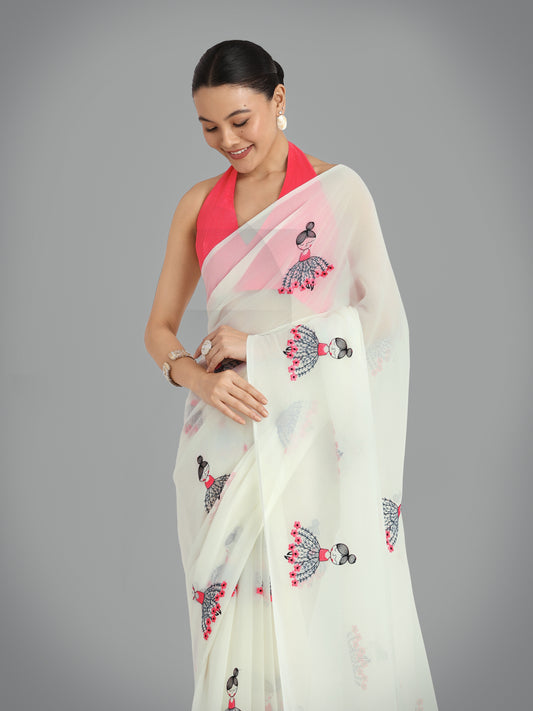 Off White Georgette Embroidered Work Party Wear Saree