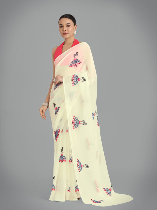 Cream Georgette Embroidered Work Party Wear Saree