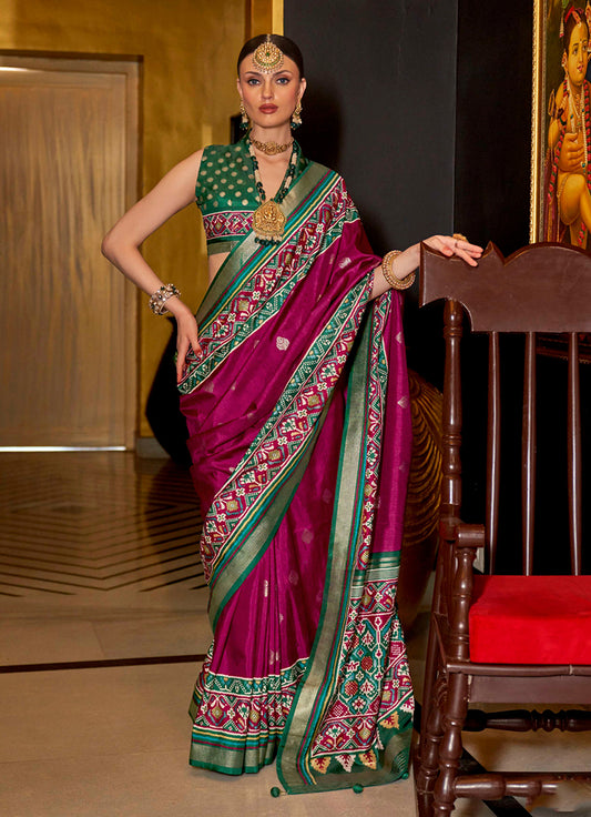 Burgundy Silk Patola Print Designer Saree