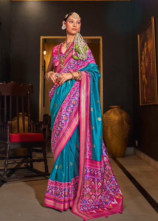 Blue Silk Patola Print Designer Saree