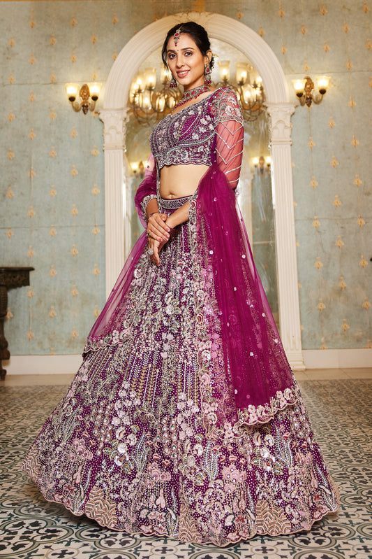 Burgundy Embroidered Net Designer Long Lehenga Choli