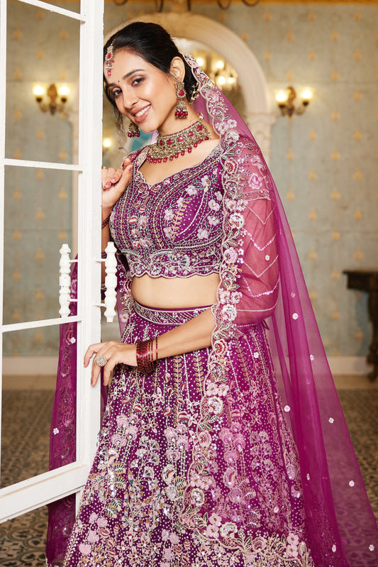 Burgundy Embroidered Net Designer Long Lehenga Choli