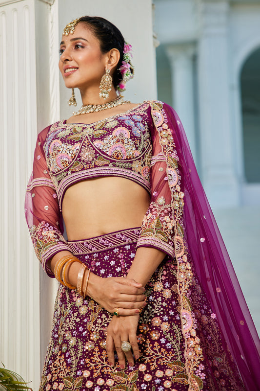 Burgundy Embroidered Net Lehenga Choli For Reception Wear