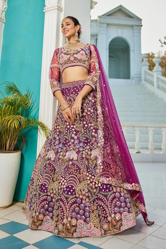 Burgundy Embroidered Net Lehenga Choli For Reception Wear